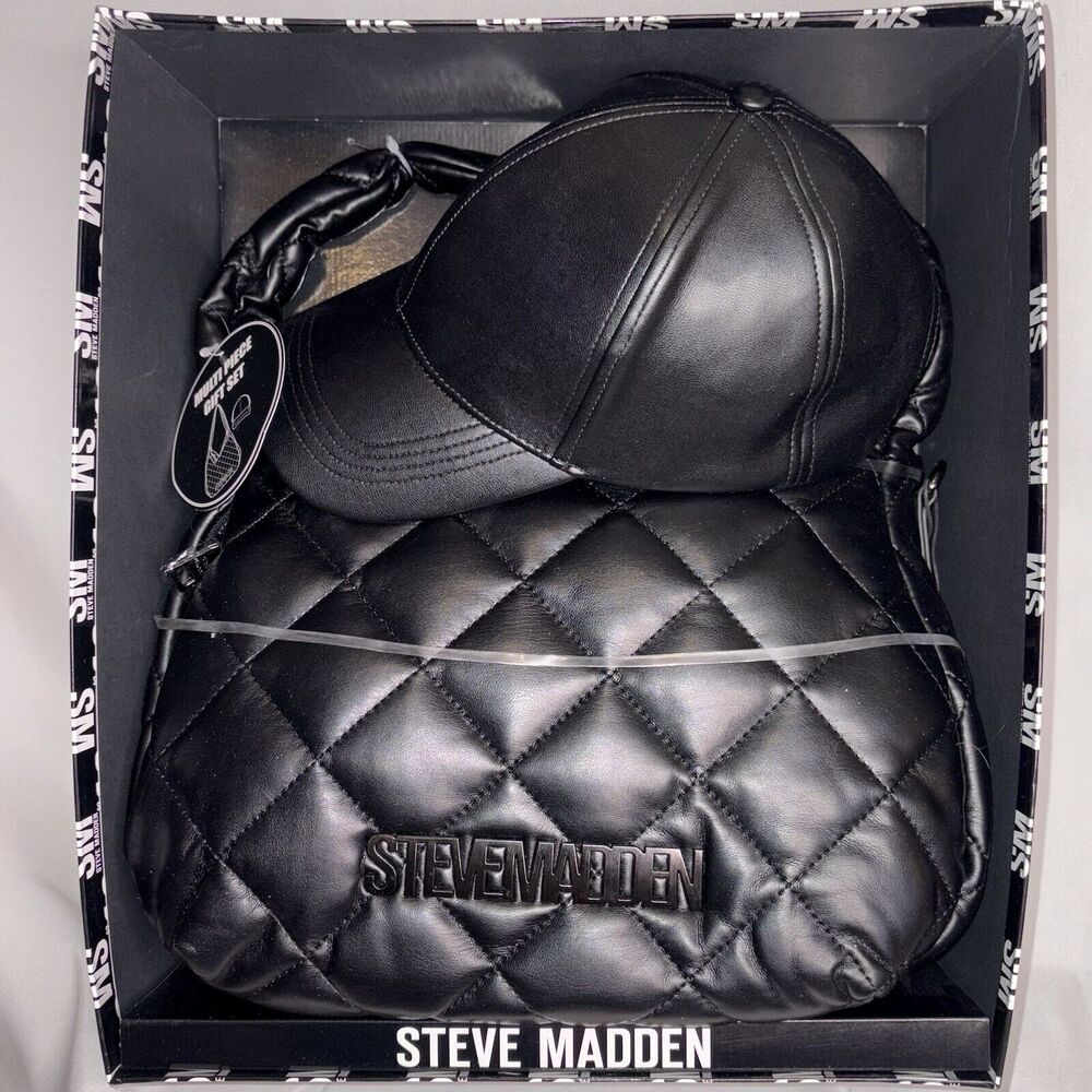 Steve Madden Black Gift Set Quilted Nylon Hobo & Baseball Cap Leather Look HTF